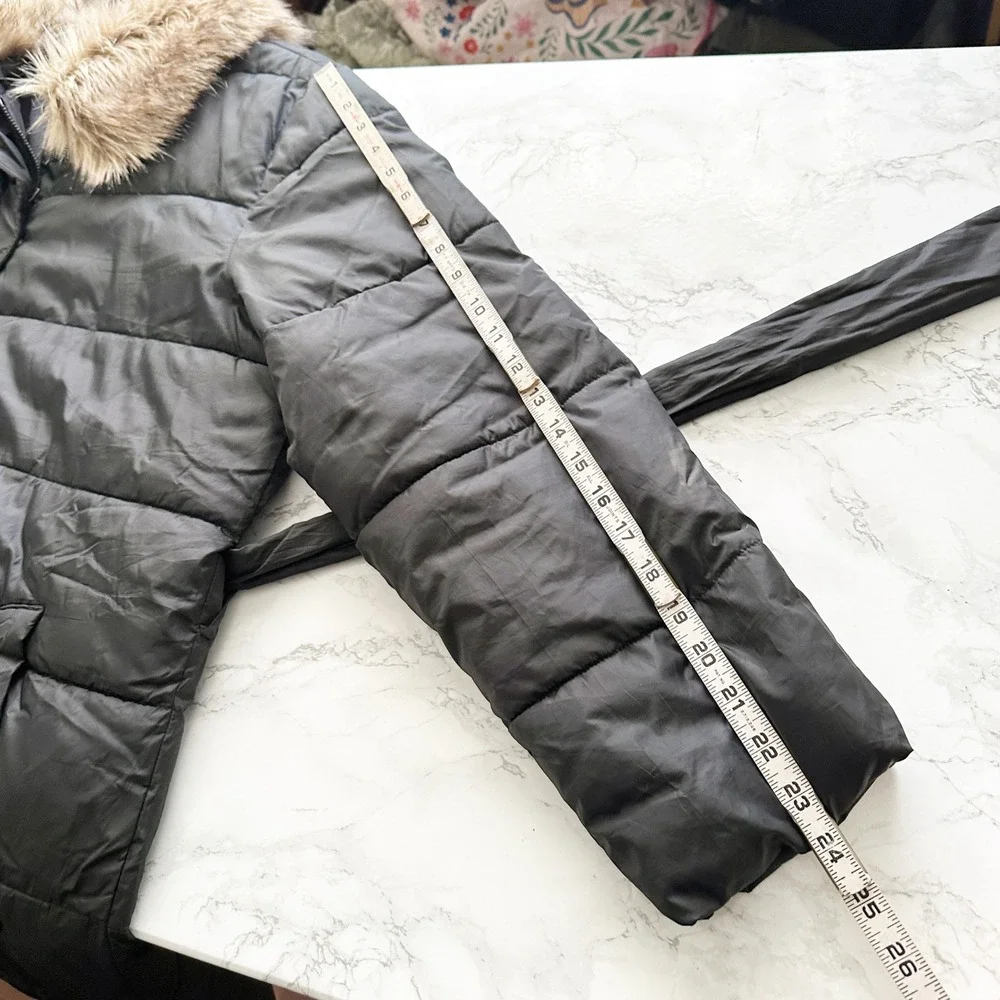 Ann Taylor Black Puffer Coat Blonde Faux Fur Collar Belted Quilted Jacket XL XXL